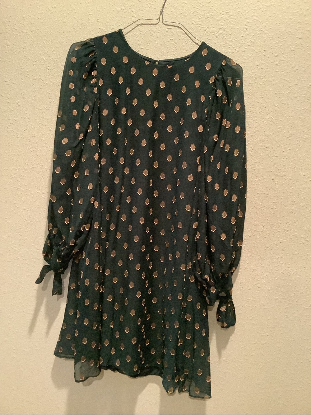 Calvin Klein Teal Long-Sleeve Printed Shift Dress with Gold Accents